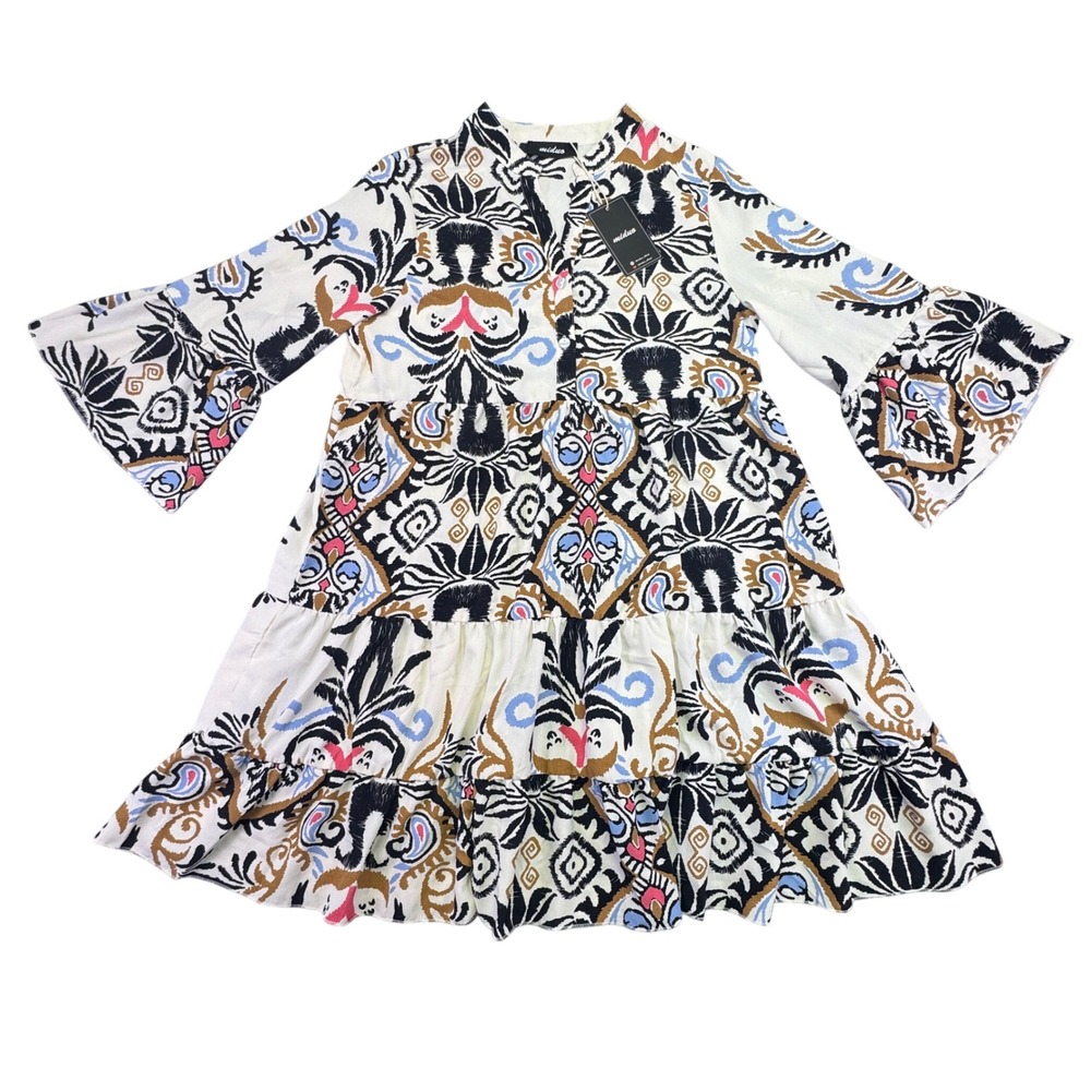 Miduo Dress Women's Small NWT Knee Length Motifs‎ Bell Sleeve Tiered White Pink